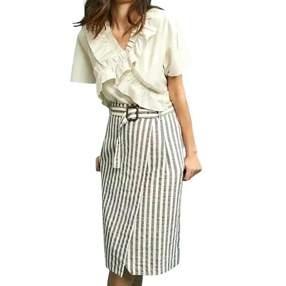 Anthropologie Striped Pencil Skirt Wrap Belted Midi Knee Length Blue & White 10 - Picture 2 of 14